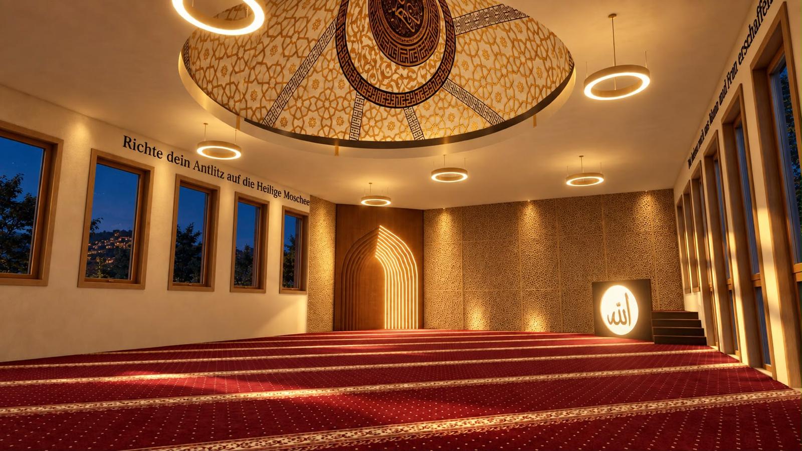 Visualisierung des neuen Gebetsraums mit verzierter Lichtkuppel und rotem Teppich