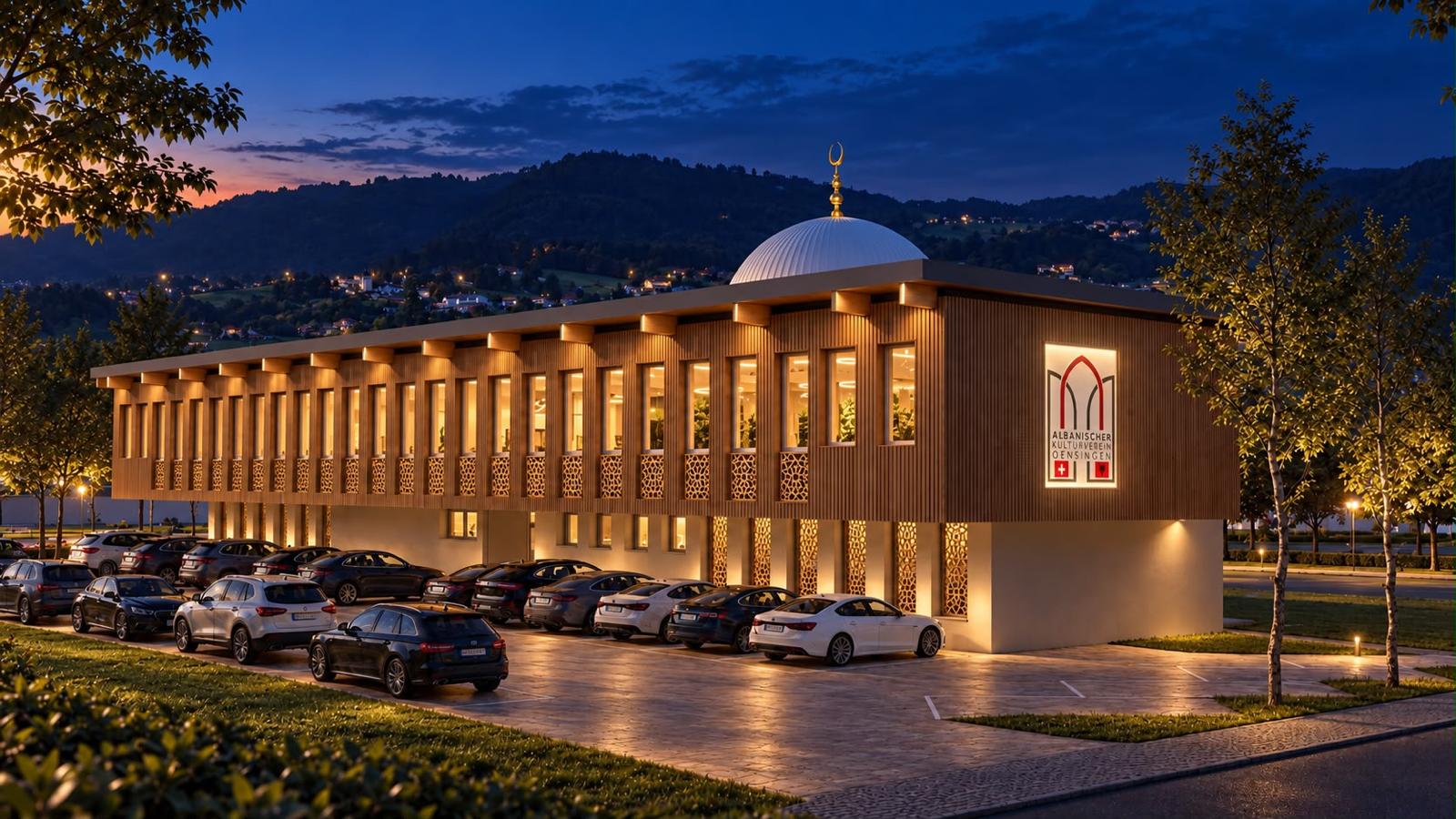 Visualisierung der neuen Moschee, Aussenansicht in der Abenddämmerung